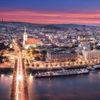 Aerial panorama of Bratislava, new bridge over evening lights in capital city of Slovakia,Bratislava Von Augustin Lazaroiu