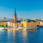 Aerial scenic panoramic view of Stockholm skyline with Old town Gamla Stan, typical Sweden houses, Riddarholmen island with goth